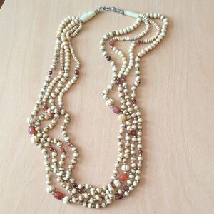 Vintage Multi-Strand Bone Stone Metal Necklace